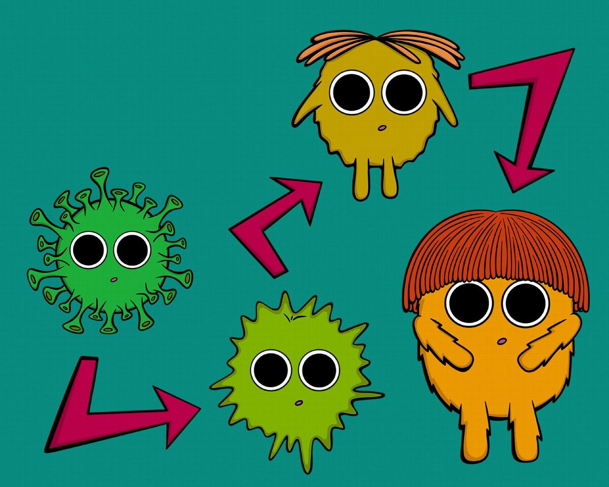 Four fuzzy plaque critters in orange, green and yellow on a teal background.