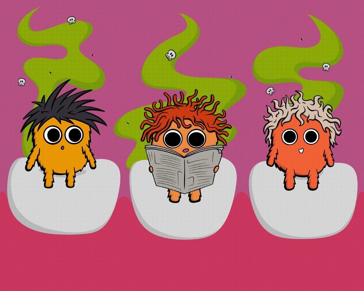 Three critters sit on teeth with green stink clouds rising.
