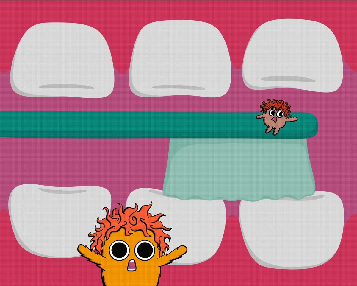 A giant toothbrush sweeps across the teeth as critters flee.