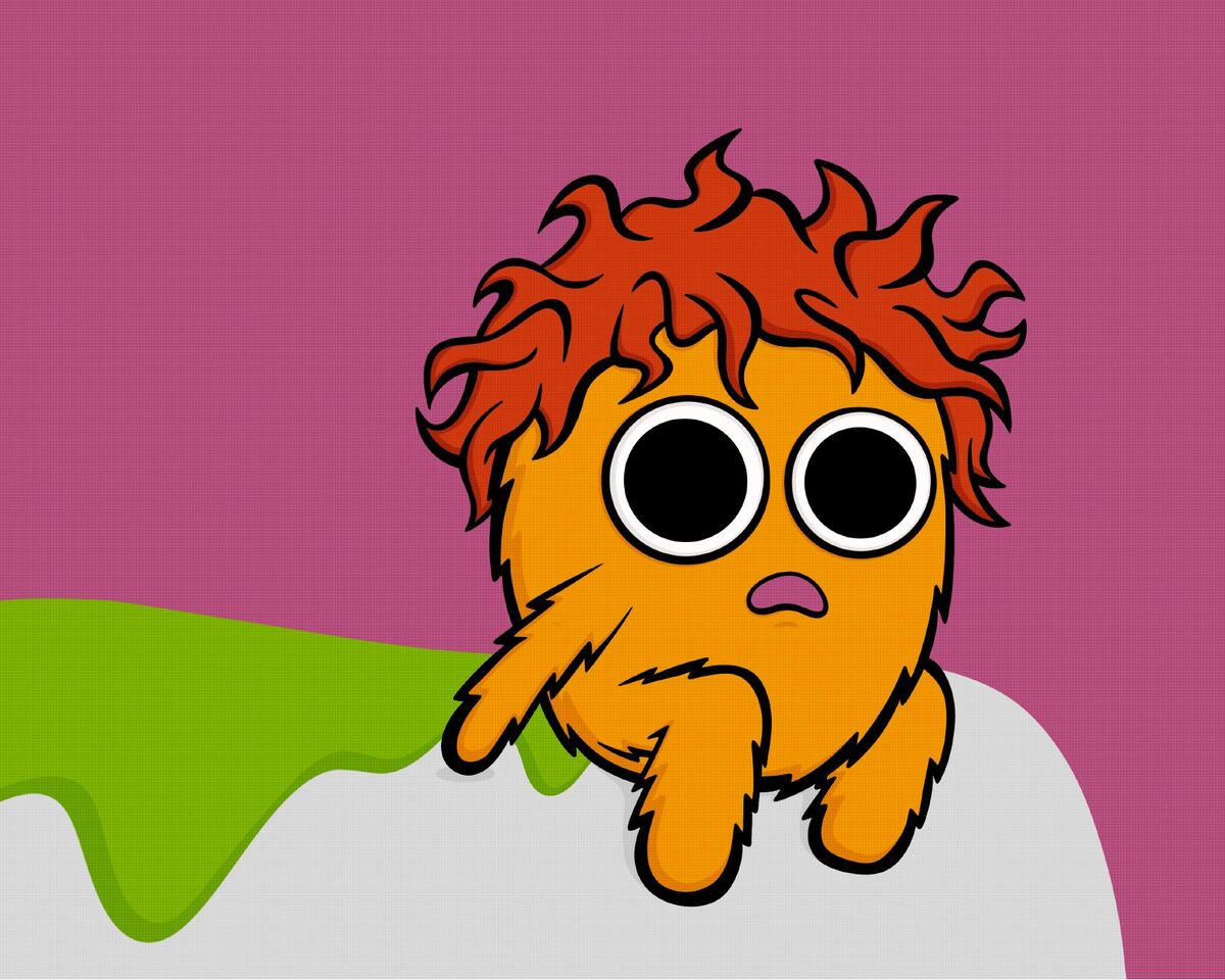 A worried orange critter sinking into green slime.