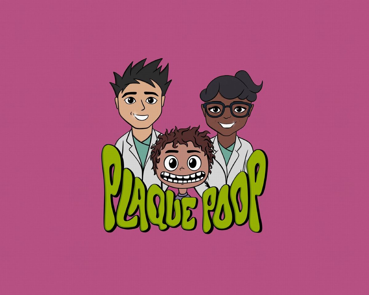 The Plaque Poop logo with the boy, his friend and their parent.